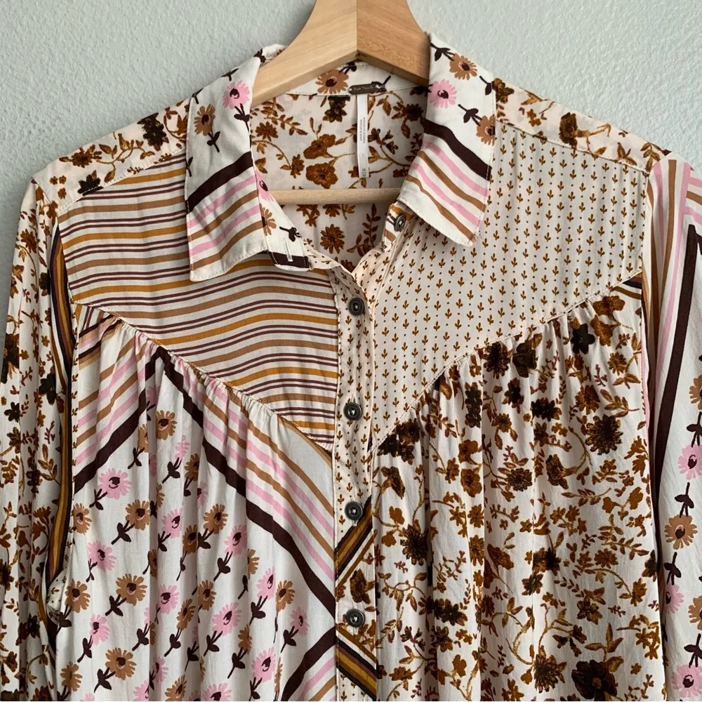 Free People Button Down Shirt M Long Sleeve Hazel Printed Blouse Top